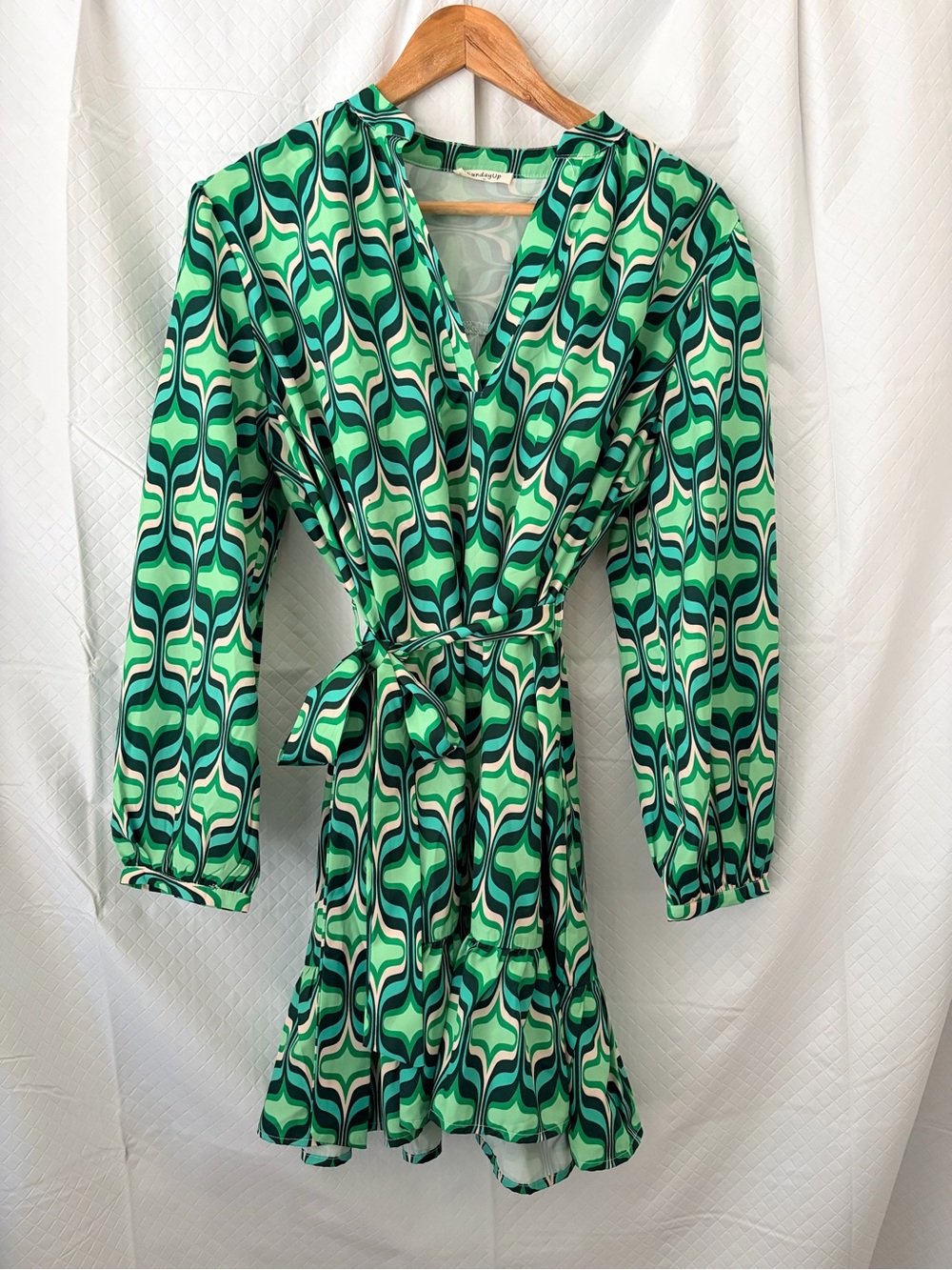 Sunday Green Geometric Wrap Dress with Tie Waist